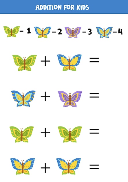 Vetor adição para crianças com lindas borboletas diferentes