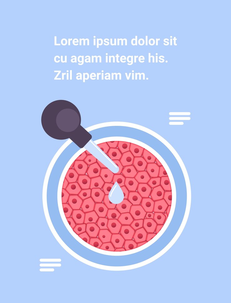 Vetor adicionando gota de líquido do frasco em placa de petri com carne vermelha crua cultivada feita a partir de células animais produção de carne cultivada em laboratório artificial