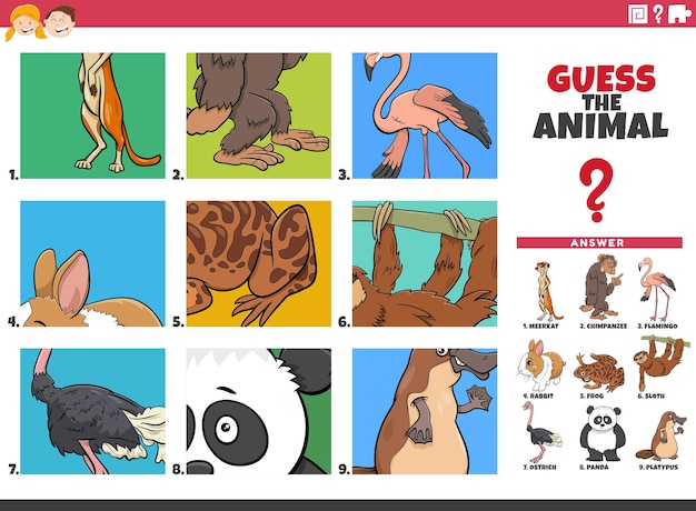 Adivinha o jogo educacional de animais de desenho animado para crianças
