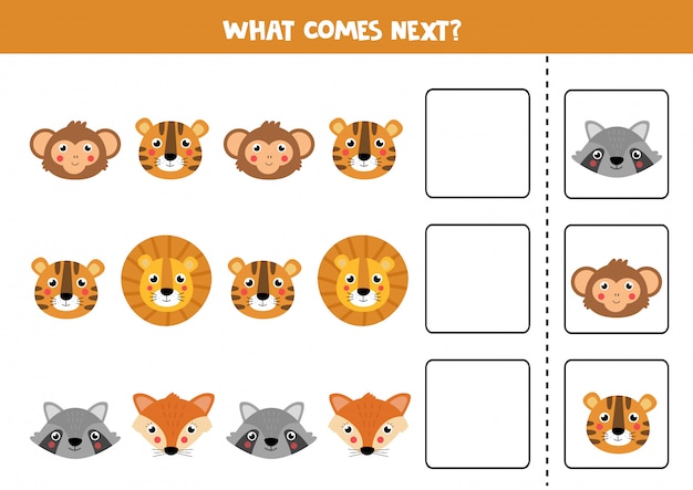 Adivinha qual animal vem a seguir. Lindo conjunto de rostos de animais.