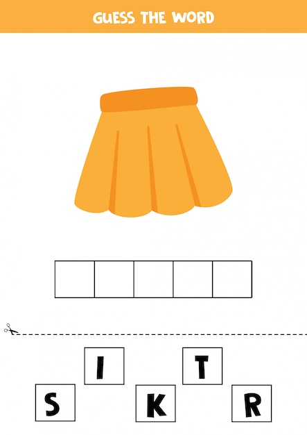 Adivinhe a palavra saia. jogo de ortografia para crianças. planilha educacional.