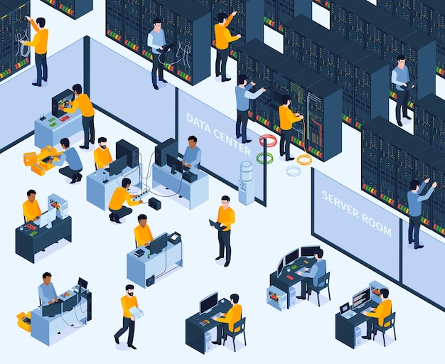 Administrador de sistema com ilustração isométrica de símbolos de data center