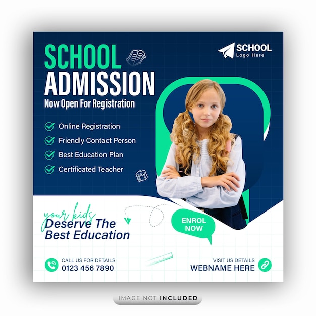 admissão na escola mídias sociais pós-educação quadrado flyer web banner modelo