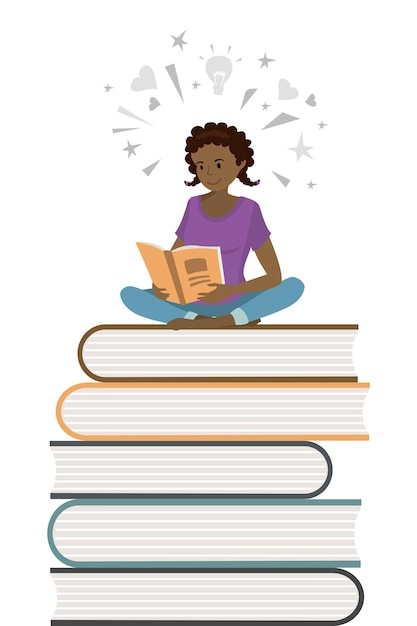 Adolescente afro-americana lê livros processo de aprendizagem con ilustração vetorial