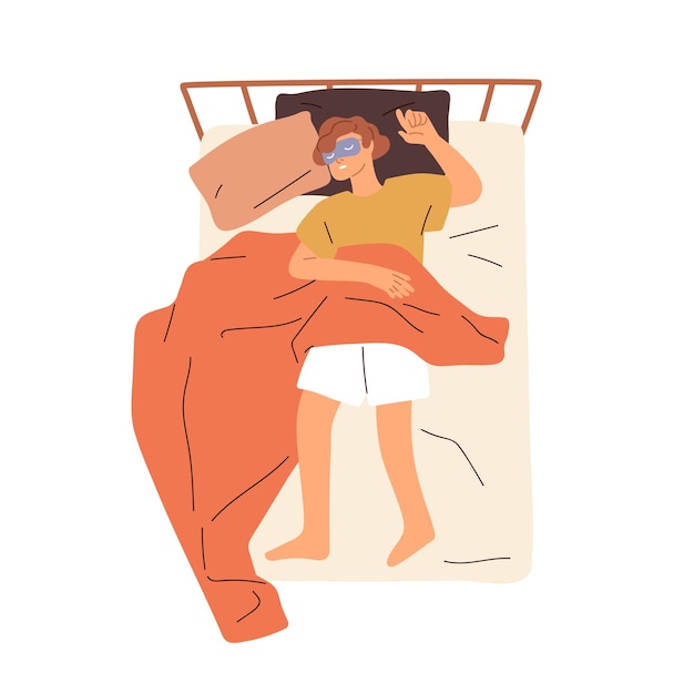Adolescente criança dormindo em máscara de dormir na cama. Garoto deitado de costas, cochilando. Adolescente sonolento sonhando, relaxando sob o cobertor, vista superior. Ilustração em vetor gráfico plana isolada no fundo branco.