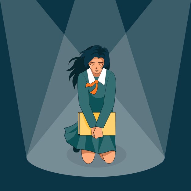 Adolescente triste em uniforme escolar com livro
