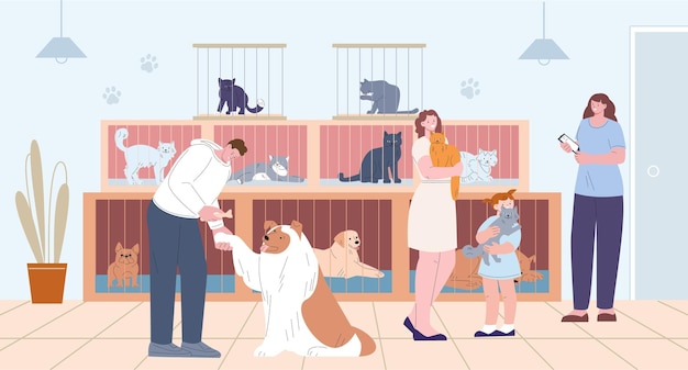 Adopção de animais de estimação de um abrigo de animais Pessoas segurando gatinhos e cães Gatos e cães de desenho animado planos em gaiolas Voluntário adotou o conceito de vetor de cuidado de cachorro kicky Ilustração de abrigo de animais de estimação