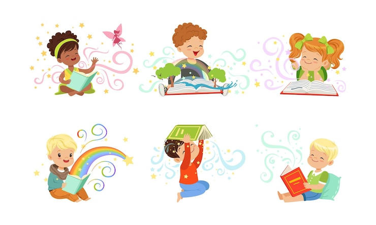 Vetor adoráveis meninos e meninas lendo livros de contos de fadas colecção ilustração vetorial