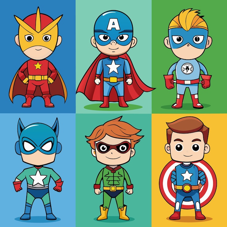 Vetor adoráveis personagens de desenhos animados de super-heróis uma coleção de desenhos icônicos