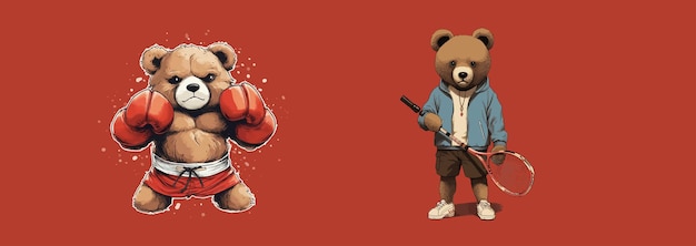 adoráveis ursos ilustrados envolvendo-se em esportes um boxe e outro jogando tênis exibindo atletismo e beleza em um vermelho