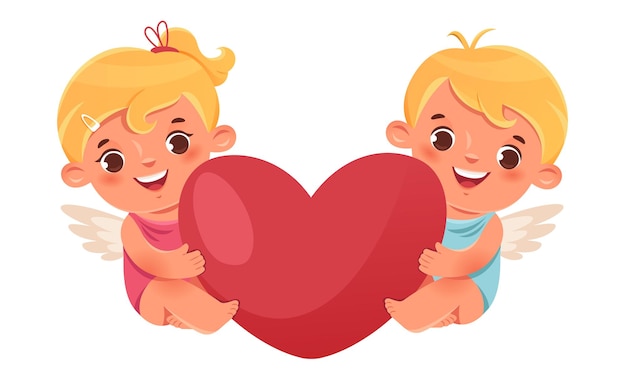 Adorável amor cupidos. menina e menino anjo estão segurando um grande coração vermelho. duas crianças lindas. personagens românticos do vetor.