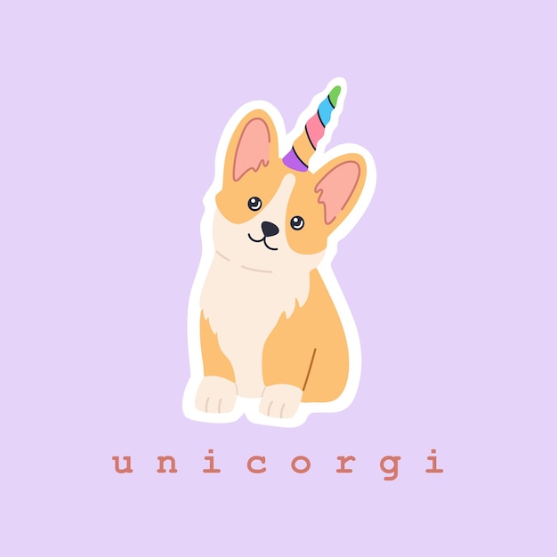 Adorável autocolante de unicórnio kawaii corgi com chifre colorido do arco-íris, cachorrinho mágico com uma carinha sorridente. filhote de cachorro sentado amigável. mão desenhando uma ilustração moderna da moda em estilo cartoon plana