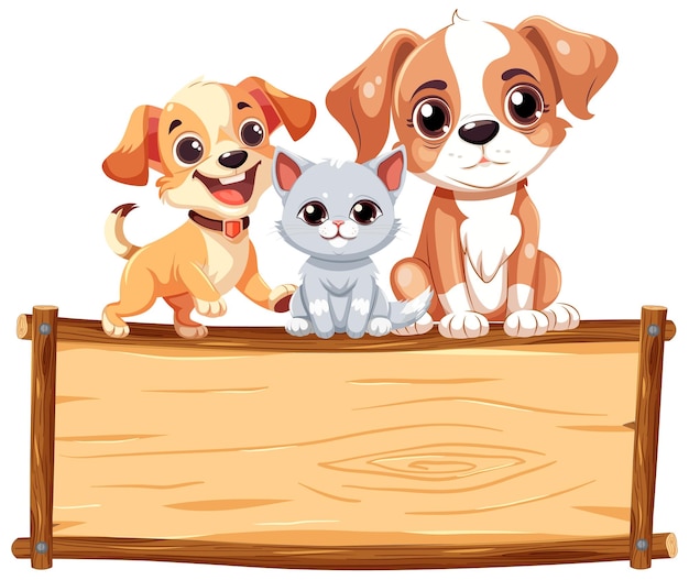 Adorável cão de estimação e gato em quadro de madeira