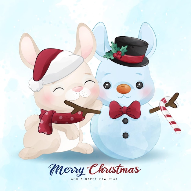 Adorável coelhinho feliz natal com ilustração de aquarela