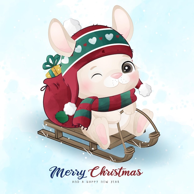 Adorável coelhinho feliz natal com ilustração de aquarela