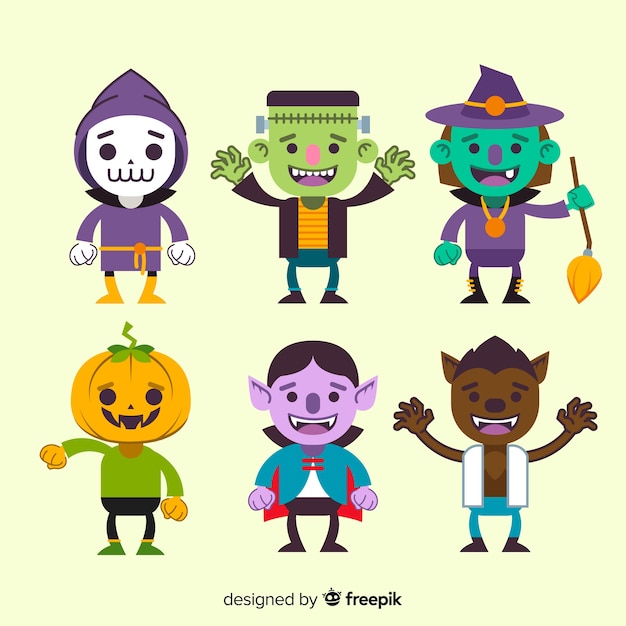 Adorável coleção de personagens de halloween com design plano