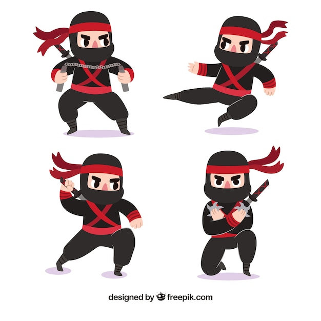 Adorável coleção de personagens ninja com design plano