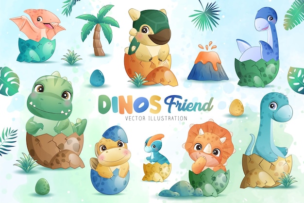 Vetor adorável coleção recém-nascida de dinossauro com ilustração aquarela