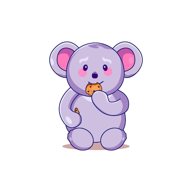 Adorável e engraçado coala sorridente comendo biscoitos em fundo branco isolado