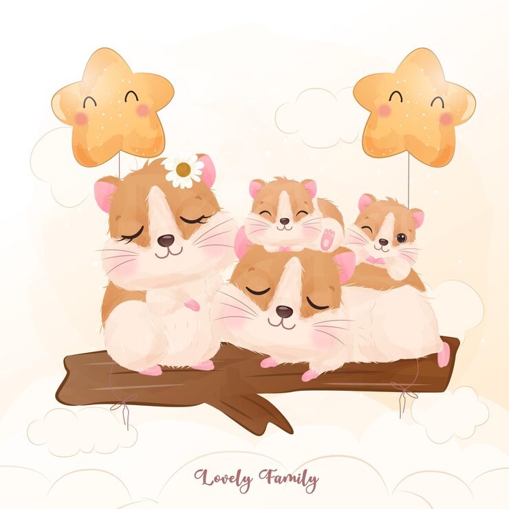Vetor adorável família de hamsters em aquarela