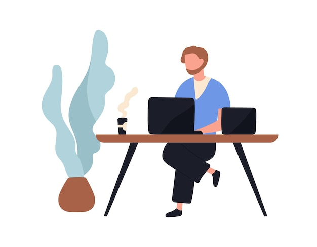 Adorável homem sentado na mesa e trabalhando no computador portátil. bonito jovem funcionário, trabalhador autônomo criativo ou escritor no local de trabalho. rotina de trabalho. ilustração em vetor colorido plana dos desenhos animados.