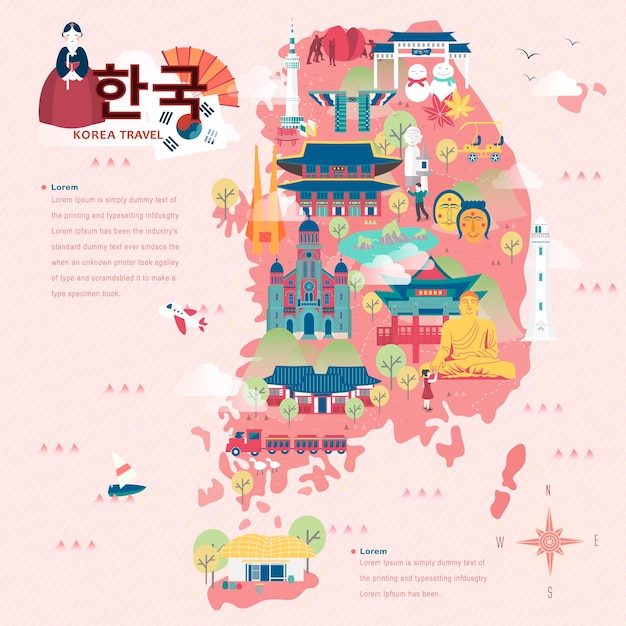 Adorável mapa de viagem da coreia do sul em estilo simples - coreia em palavras coreanas no canto superior esquerdo