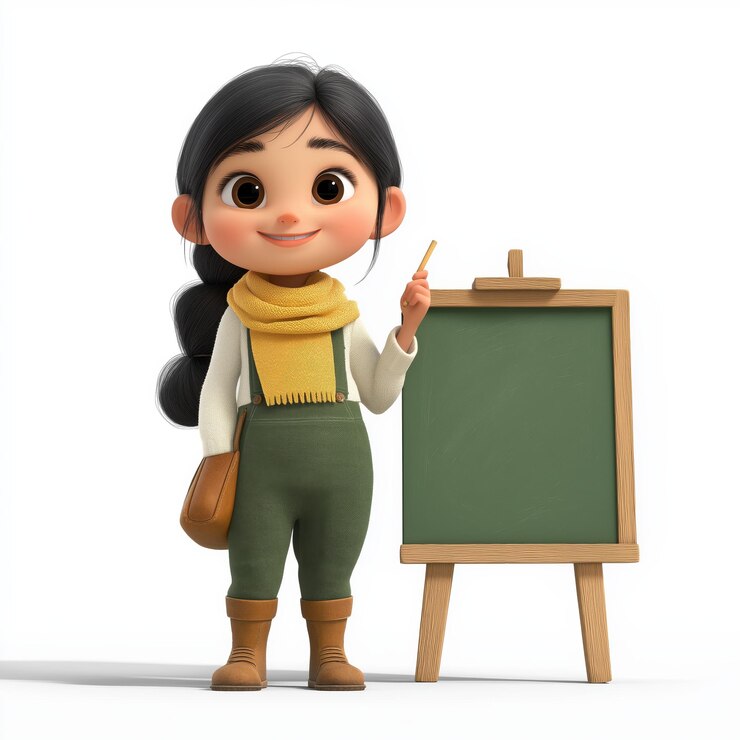 Vetor adorável menina com quadro e giz 3d vetor de desenho animado