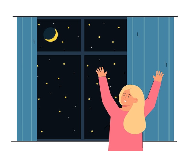 Adorável menina olhando o céu noturno pela janela