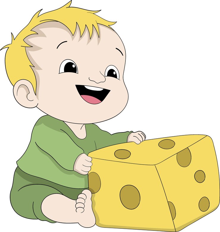 Vetor adorável menino brincando com um grande bloco de queijo no estilo dos desenhos animados