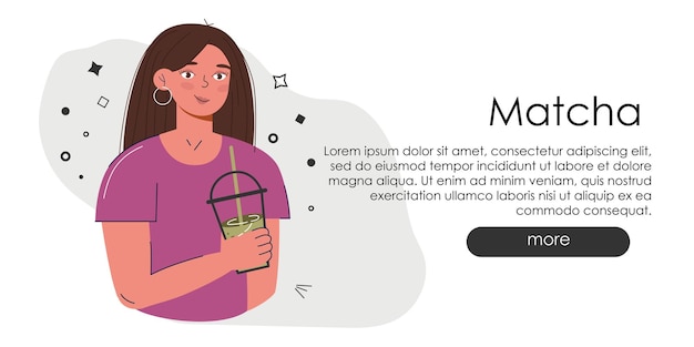 Adorável página do site com matcha desenho à mão idéia de site de bebida verde cultura do chá japonês matcha latte é uma bebida saudávelpágina principal da cafeteria em cores esverdeadas