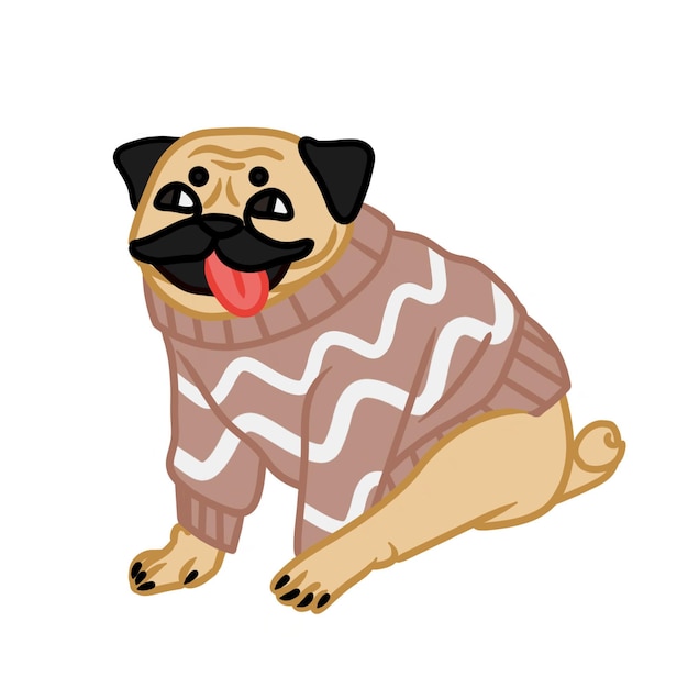 Vetor adorável pug na camisola está sentado imagem isolada no fundo branco elemento de design