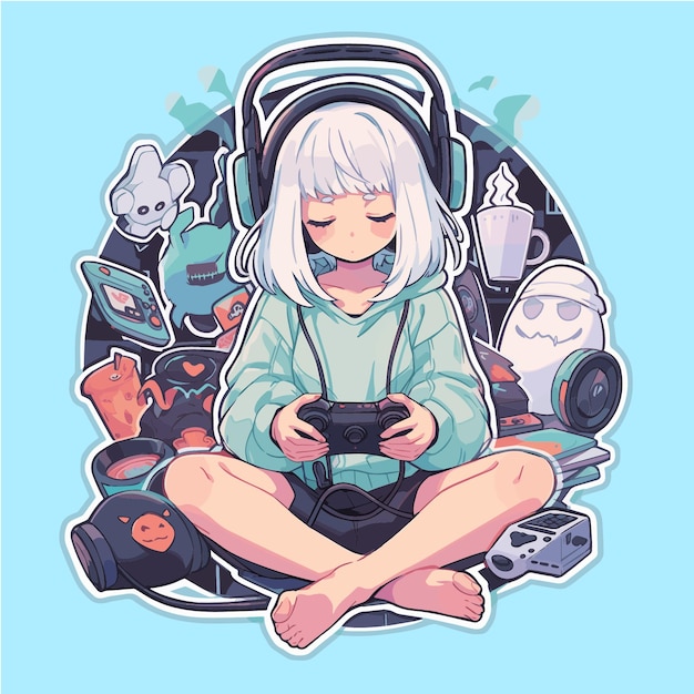 Vetor adorável sleepy gamer girl com fone de ouvido jogando jogo em pose relaxada