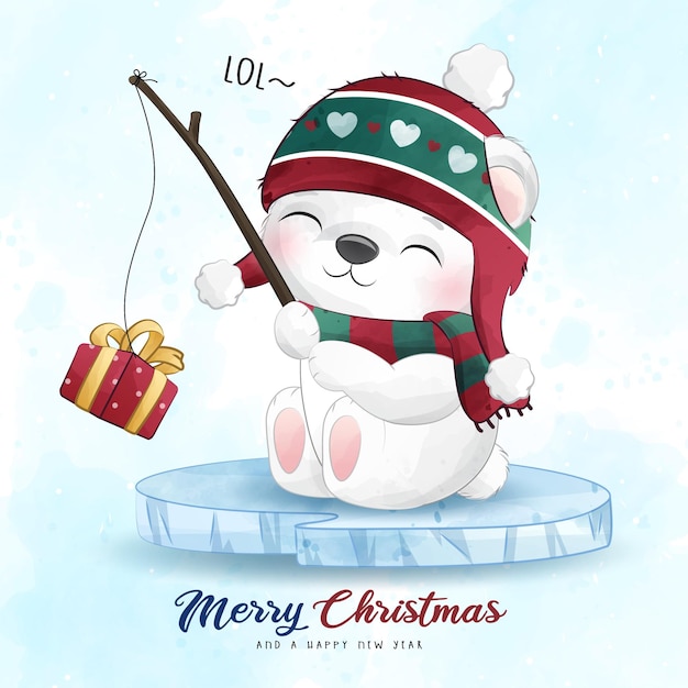 Adorável urso polar feliz natal com ilustração de aquarela