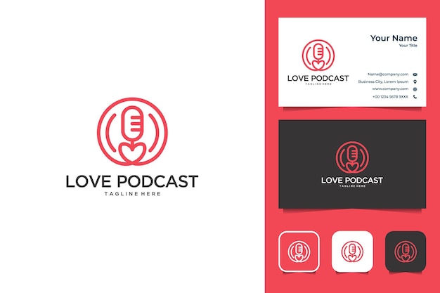 Adoro podcast com design de logotipo de estilo de arte de linha e cartão de visita