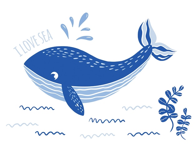 Vetor adoro texto do mar com personagem de desenho animado de baleia em fundo branco personagem de animal do oceano bonito