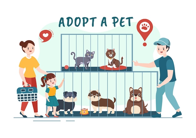 Adote um animal de estimação de um abrigo de animais na forma de gatos ou cães para cuidar na ilustração plana dos desenhos animados