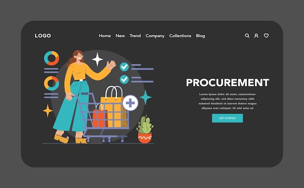 Adquisições modo escuro ou noturno landing web mulher com carrinho de compras supervisiona gráficos de dados ótimo