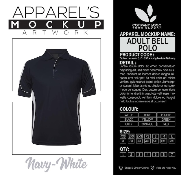 Vetor adult bell polo navy white apparel mockup design de obras de arte