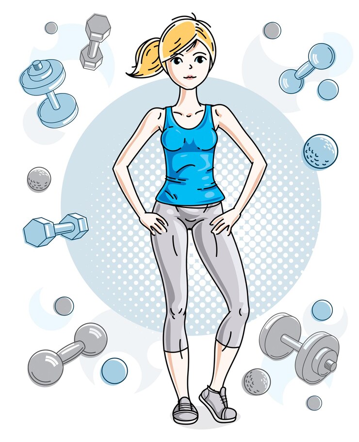Vetor adulto atraente jovem loira desportista permanente sobre fundo simples com halteres e halteres. ilustração em vetor de senhora vestindo legging e t-shirt. estilo esportivo.