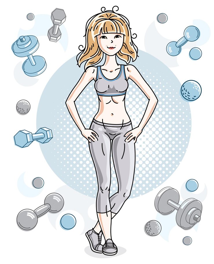 Vetor adulto magro jovem linda loira em pé sobre fundo simples com halteres e halteres. ilustração em vetor de senhora simpática. exercício e tema de treinamento.