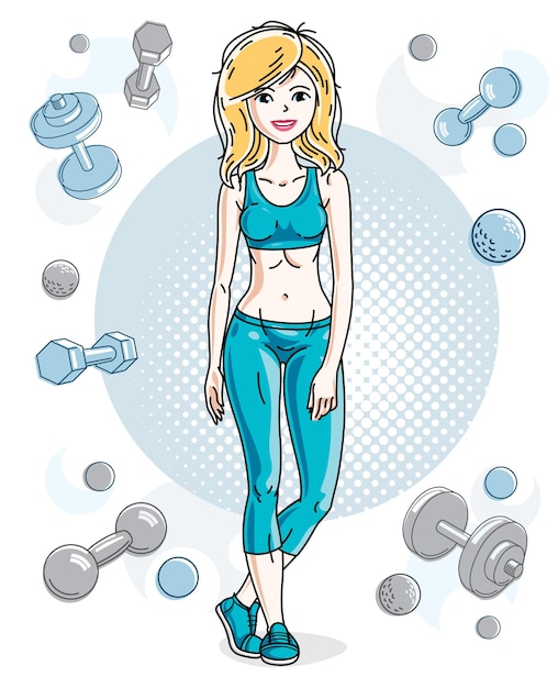 Adulto magro jovem linda loira em pé sobre fundo simples com halteres e halteres. Ilustração em vetor de senhora simpática. Exercício e tema de treinamento.