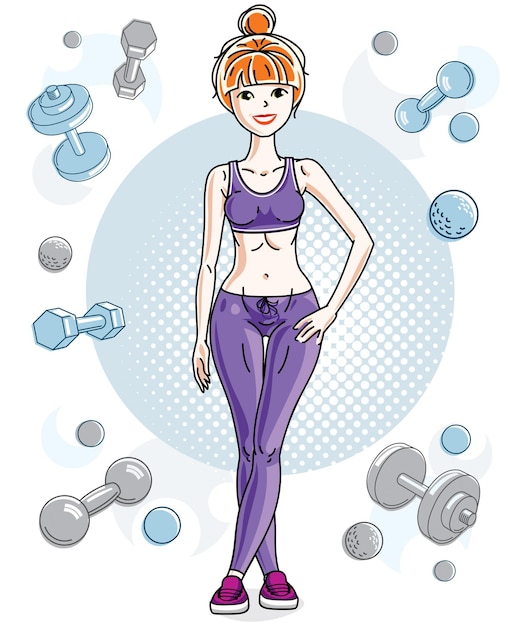 Adulto magro jovem ruivo bonito em pé sobre fundo simples com halteres e halteres. Ilustração em vetor de senhora simpática. Exercício e tema de treinamento.