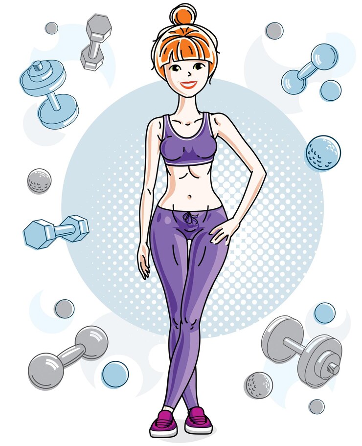 Vetor adulto magro jovem ruivo bonito em pé sobre fundo simples com halteres e halteres. ilustração em vetor de senhora simpática. exercício e tema de treinamento.