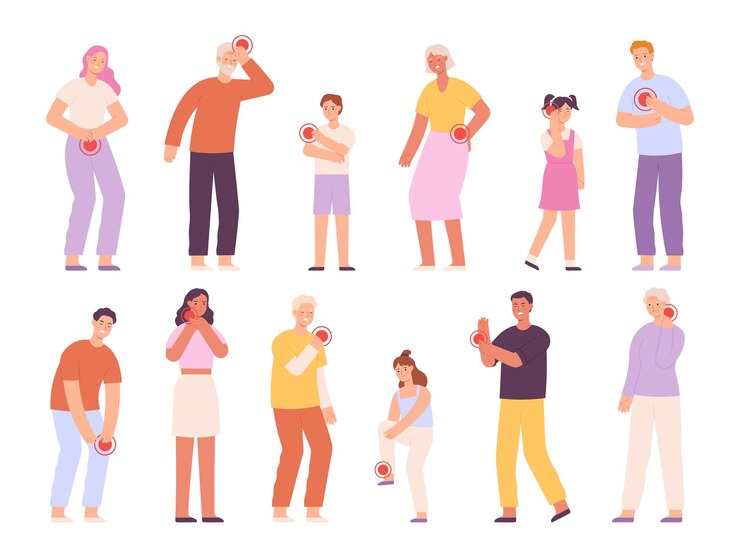 Vetor adultos tristes, idosos e crianças com dor no pescoço, estômago e dor de cabeça pessoas dos desenhos animados com dor no pulso traseiro, garganta e peito, conjunto de vetores dor em diferentes partes do corpo medicina urgente