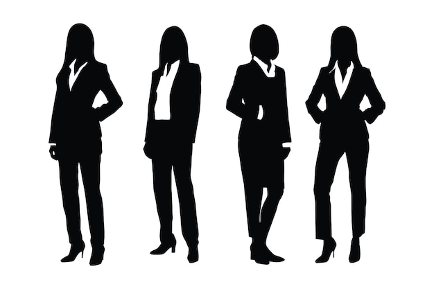 Advogadas de pé e vestindo coleção de silhueta de uniformes Conselheira de mulher anônima e conjunto de silhueta de advogado vetor Modelos de advogadas com pacote de silhueta de rostos anônimos