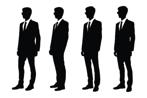 Advogado masculino vestindo conjunto de silhueta de ternos vetor Conselheiros modernos com rostos anônimos em um fundo branco Advogados de homens em posições diferentes coleção de silhueta Empresário masculino