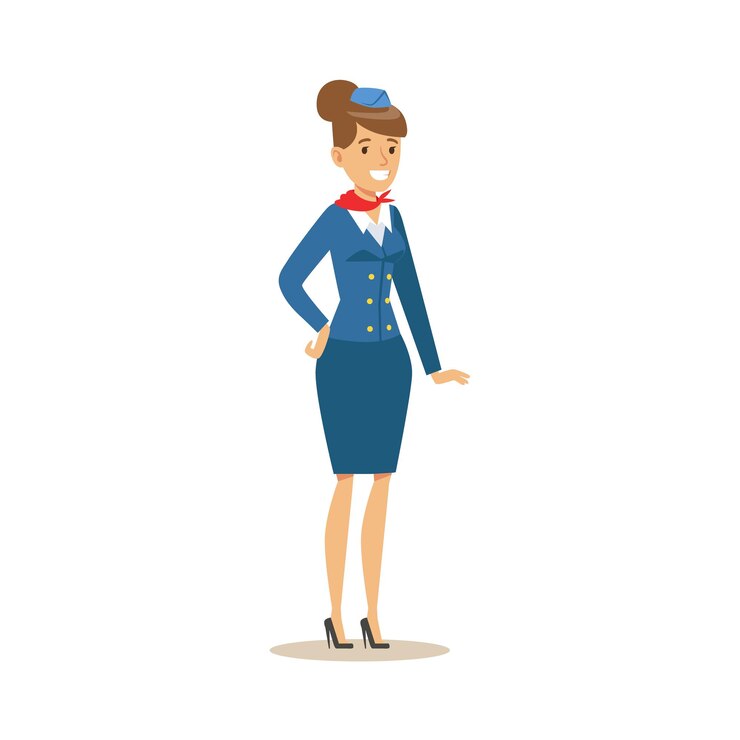 Vetor aeromoça em uniforme azul, parte do aeroporto e viagens aéreas relacionadas com a série de cenas de ilustrações vetoriais. funcionário profissional do aeroporto de personagem de desenho animado sorridente.