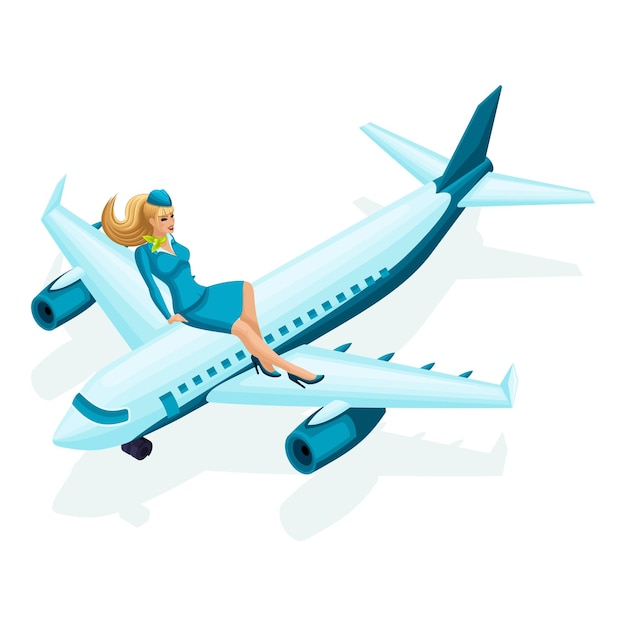 Vetor aeromoça isométrica senta-se no avião linda garota com uniforme de roupas coloridas