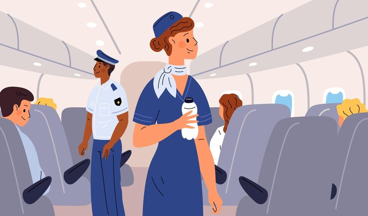 Vetor aeromoça na cabine do avião a comissária de bordo verifica os passageiros e carrega a água placa da aeronave assentos confortáveis as pessoas viajam de avião viajantes viajam conceito de vetor espalhafatoso