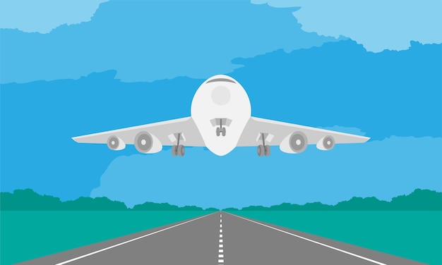 Vetor aeronave ou pouso de avião ou decolagem na pista durante o dia